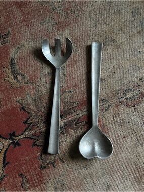 Vintage Pewter Heart Spoon & Salad Fork Set